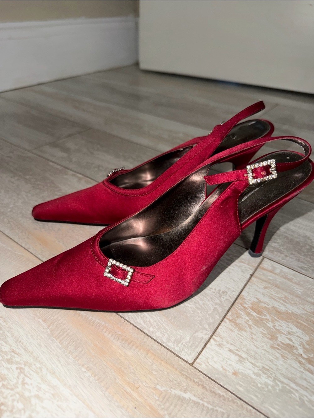 Nine West Crimson Satin Slingback Pumps with Rhinestone Buckles - Picture 2 of 5